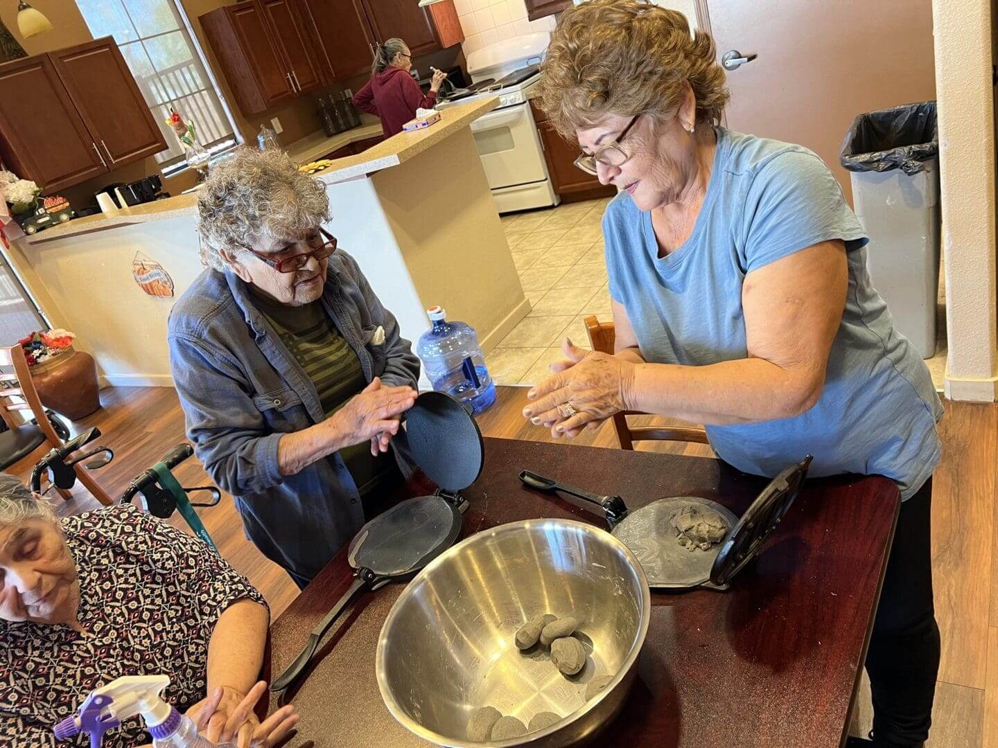 Two women are cooking in a kitchen.